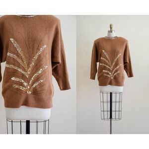 brown angora‎ sweater 80s vtg gold sequin wool sweater